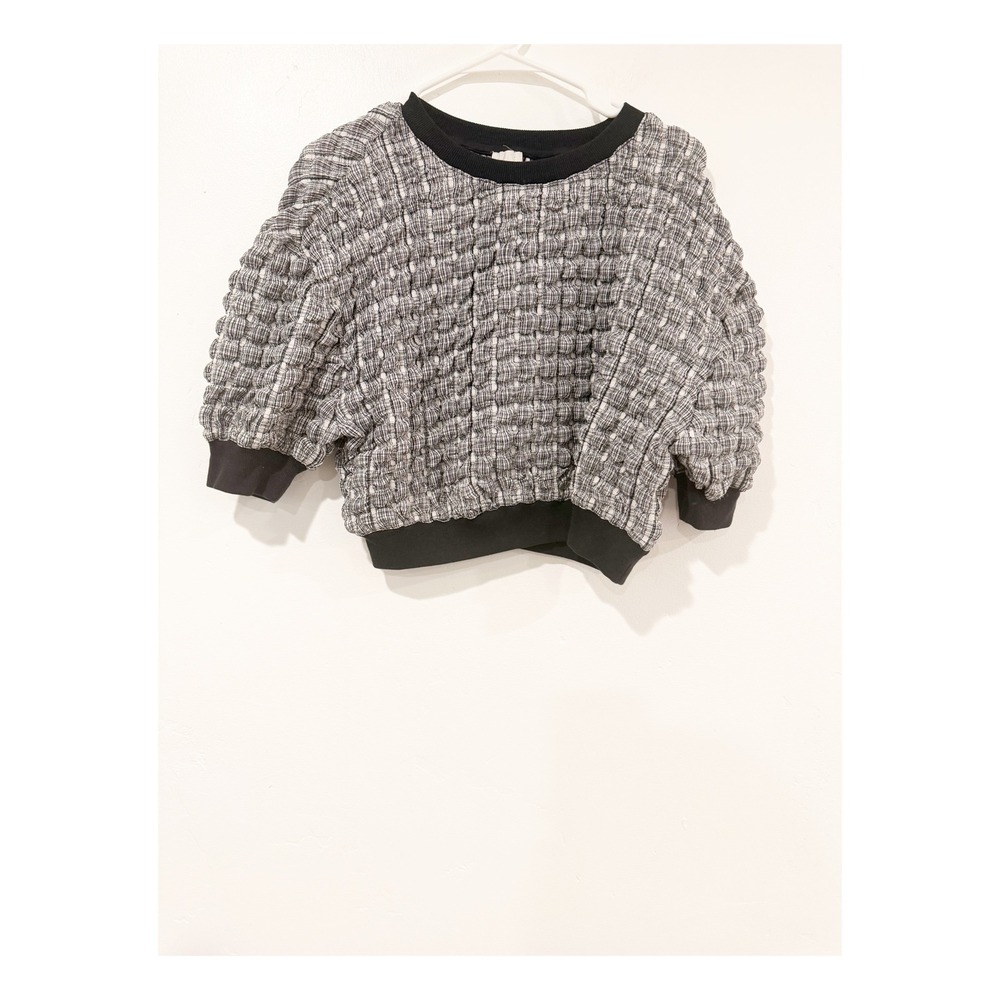 Maeve Anthropologie Popcorn Bubble Plaid Top Black White Short Puff Sleeve XS